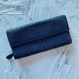Negotiable! BOTTEGA VENETA long wallet intrecciato leather navy